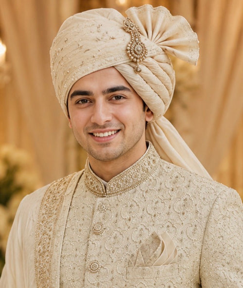 Ivory Creem color Rajwada Sherwani for Would be groom with all over katdaana handwork to give sleek and perfect look on your wedding night .