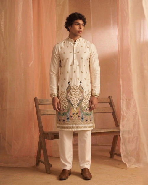 Royal Ivory Peacock Embroidered Kurta Set