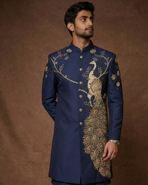 Midnight Royal Peacock Hand Embroidered Indo-Western Set By Kanhaiya Cutpiece