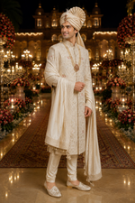 Whitish Creem Sherwanis full handcrafted from minuet weived yarn with embracing unique style safa & dupatta with sherwani mala too :)