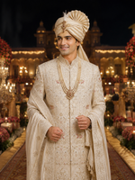 Whitish Creem Sherwanis full handcrafted from minuet weived yarn with embracing unique style safa & dupatta with sherwani mala too :)