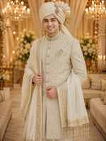 Ivory Creem color Rajwada Sherwani for Would be groom with all over katdaana handwork to give sleek and perfect look on your wedding night .
