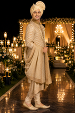 Manyavar groom Sherwani light pista green color with all over hand knot work with katdana minute beautifully handcrafted for the ultimate wedding night only @Kanhaiya Cutpiece - Luxa road Varanasi . Offering with free Sherwani mala , safa & Dupatta 🧣