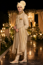 Manyavar groom Sherwani light pista green color with all over hand knot work with katdana minute beautifully handcrafted for the ultimate wedding night only @Kanhaiya Cutpiece - Luxa road Varanasi . Offering with free Sherwani mala , safa & Dupatta 🧣