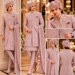 Rajwada rose gold color sherwani with dupatta , saafa , juti , sherwani mala & Kamarbanda to embrace the groom look in the most stylish way possible for your beautiful wedding ceremony. All over tone to tone beads handcrafted of same rose gold color .