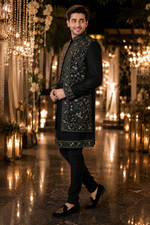 Dark bottle green indo western By Shree Maan fully hand embroidered with a satin yogue cut bottom embroidery kurta inside of most stylish look .