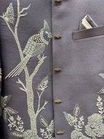 2 Pc Jodhpuri Suit Hand Embroidered in off White Color in wood pecker Bird Shaped in Lavender Base Color Fabric only @ Kanhaiya Cutpiece : Luxa Road Varanasi