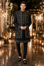 Dark bottle green indo western By Shree Maan fully hand embroidered with a satin yogue cut bottom embroidery kurta inside of most stylish look .