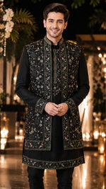 Dark bottle green indo western By Shree Maan fully hand embroidered with a satin yogue cut bottom embroidery kurta inside of most stylish look .