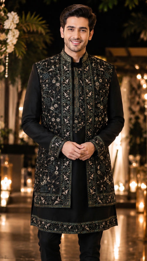 Dark bottle green indo western By Shree Maan fully hand embroidered with a satin yogue cut bottom embroidery kurta inside of most stylish look .