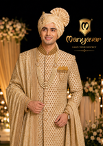 Manyavar groom Sherwani light pista green color with all over hand knot work with katdana minute beautifully handcrafted for the ultimate wedding night only @Kanhaiya Cutpiece - Luxa road Varanasi . Offering with free Sherwani mala , safa & Dupatta 🧣