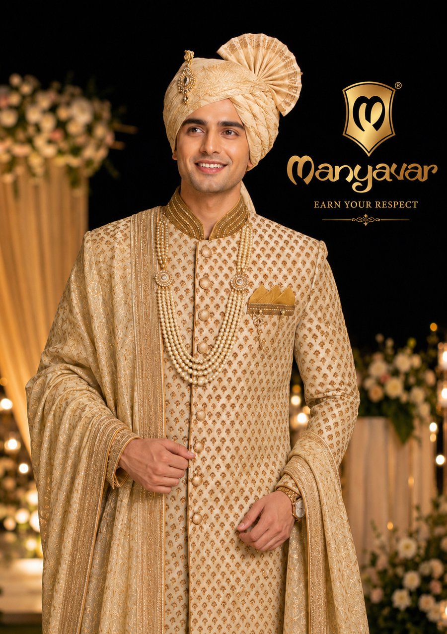 Manyavar groom Sherwani light pista green color with all over hand knot work with katdana minute beautifully handcrafted for the ultimate wedding night only @Kanhaiya Cutpiece - Luxa road Varanasi . Offering with free Sherwani mala , safa & Dupatta 🧣