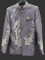 2 Pc Jodhpuri Suit Hand Embroidered in off White Color in wood pecker Bird Shaped in Lavender Base Color Fabric only @ Kanhaiya Cutpiece : Luxa Road Varanasi