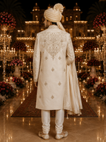 Whitish Creem Sherwanis full handcrafted from minuet weived yarn with embracing unique style safa & dupatta with sherwani mala too :)