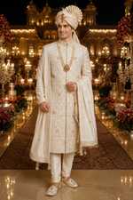 Whitish Creem Sherwanis full handcrafted from minuet weived yarn with embracing unique style safa & dupatta with sherwani mala too :)