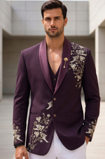 Royal Plum Wine Color Embroidered Blazer with Bird Motif Detailing By Kanhaiya Cutpiece