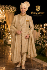 Manyavar groom Sherwani light pista green color with all over hand knot work with katdana minute beautifully handcrafted for the ultimate wedding night only @Kanhaiya Cutpiece - Luxa road Varanasi . Offering with free Sherwani mala , safa & Dupatta 🧣
