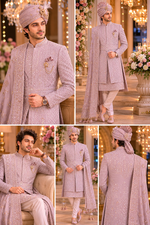 Rajwada rose gold color sherwani with dupatta , saafa , juti , sherwani mala & Kamarbanda to embrace the groom look in the most stylish way possible for your beautiful wedding ceremony. All over tone to tone beads handcrafted of same rose gold color .