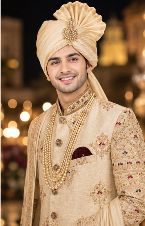 Shreemaan golden silk sherwani with hand jardozi embroidery all over to give the groom a very stylish look with silk safa & dupatta combined with Shewani mala