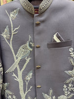 2 Pc Jodhpuri Suit Hand Embroidered in off White Color in wood pecker Bird Shaped in Lavender Base Color Fabric only @ Kanhaiya Cutpiece : Luxa Road Varanasi