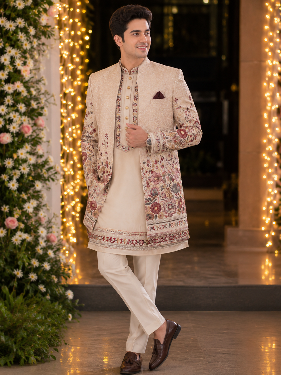 Indo western with kurta and same color trouser attached with a vibrant floral embroidery all over to make the groom or related family person attire most stylish and elegant for the perfect evening look .