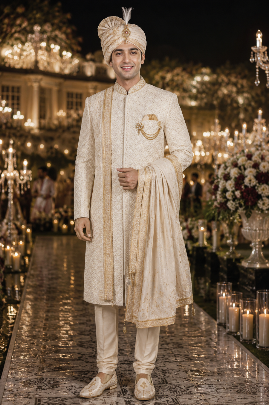 Shree Maan Hand made silk Sherwani for men with minute Hand Embroidery crafted all over specially on the collar and full front pant visible on the off white ivory color cloth .