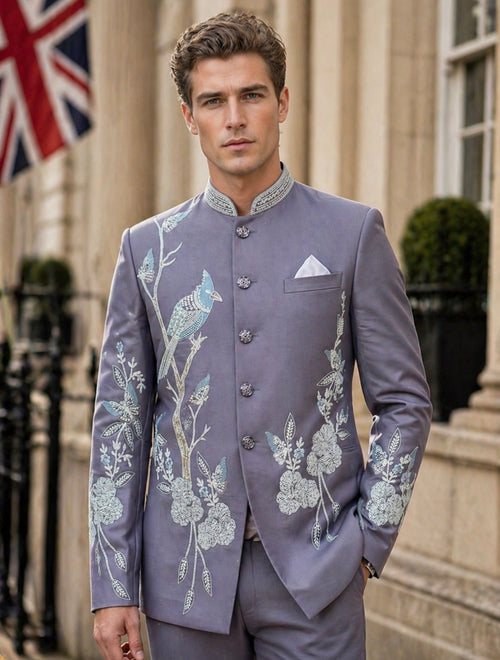 2 Pc Jodhpuri Suit Hand Embroidered in off White Color in wood pecker Bird Shaped in Lavender Base Color Fabric only @ Kanhaiya Cutpiece : Luxa Road Varanasi
