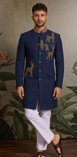 Men’s Navy Blue inspired by Celeb Kartik Aryan with Deer Motif Embroidery – Elegant Designer Wedding & Festive Wear By Kanhaiya Cutpiece