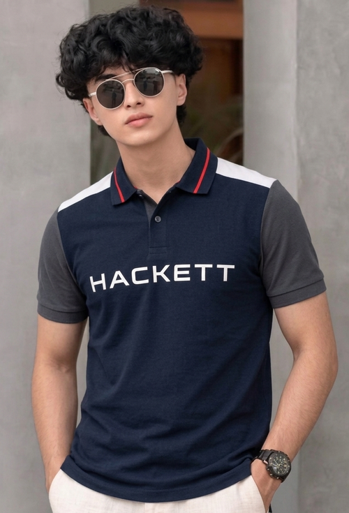 Men’s Navy Blue Colorblock Polo T-Shirt | Hackett Inspired Casual Designer Tee