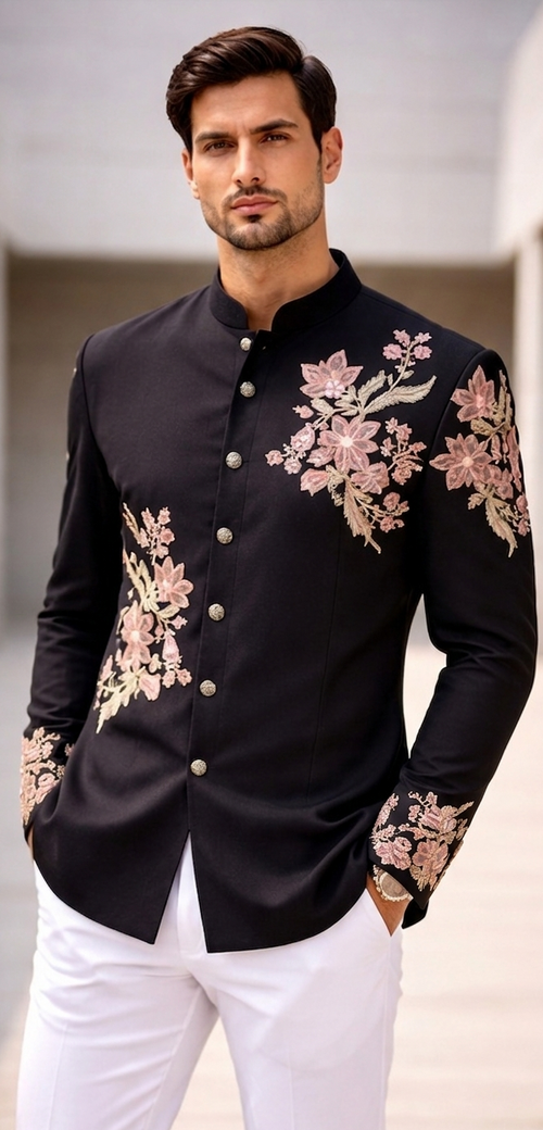 Men’s Black Floral Embroidered Sherwani Jacket – Designer Indo-Western Wedding & Party Wear