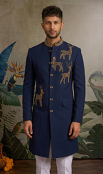 Men’s Navy Blue inspired by Celeb Kartik Aryan with Deer Motif Embroidery – Elegant Designer Wedding & Festive Wear By Kanhaiya Cutpiece