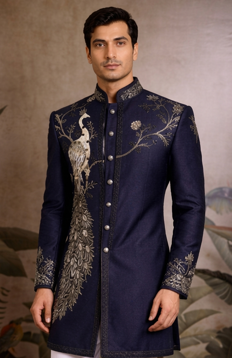 Men’s Navy Blue Embroidered Sherwani with Peacock & Deer Motif – Luxury Designer Wedding Wear By Kanhaiya Cutpiece