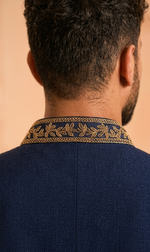 Men’s Navy Blue inspired by Celeb Kartik Aryan with Deer Motif Embroidery – Elegant Designer Wedding & Festive Wear By Kanhaiya Cutpiece
