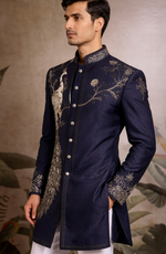 Men’s Navy Blue Embroidered Sherwani with Peacock & Deer Motif – Luxury Designer Wedding Wear By Kanhaiya Cutpiece