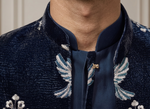 Midnight Shrug Regal Dark Blue Embroidered Jodhpuri Jacket Set By Kanhaiya Cutpiece - Luxa road Varanasi