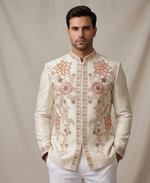 Men’s Ivory Floral Embroidered Sherwani Jacket – Elegant Wedding & Festive Indo-Western Wear By Kanhaiya Cutpiece