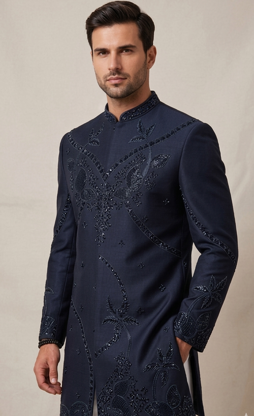 Men’s Navy Blue Embroidered Sherwani – Premium Designer Wedding & Festive Wear
