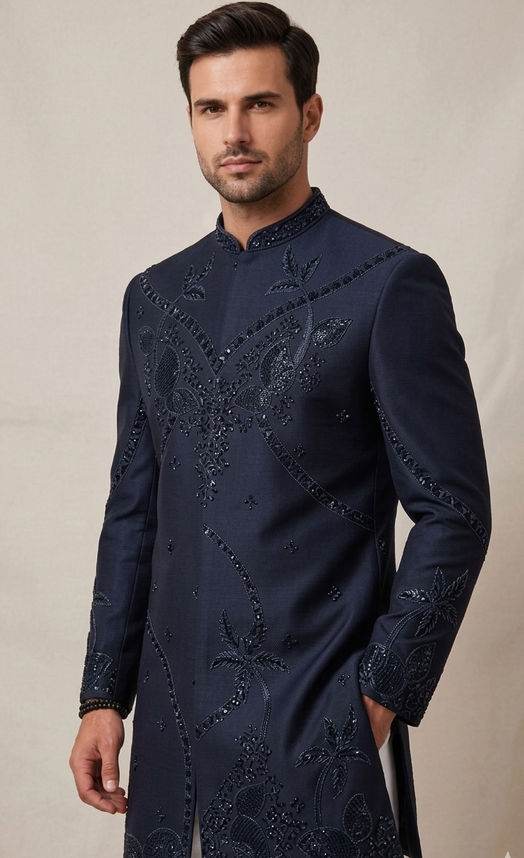 Man wearing a dark blue embroidered sherwani against a beige background