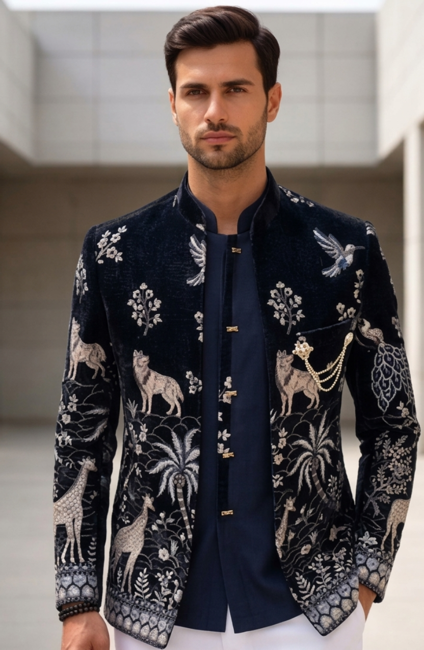 Midnight Shrug Regal Dark Blue Embroidered Jodhpuri Jacket Set By Kanhaiya Cutpiece - Luxa road Varanasi