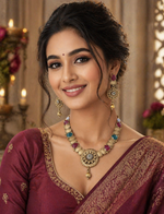 Gold plated anti tarnished imitation necklace with embossed meenakaari earrings sets by Imperial ( A quality product by Kanhaiya Cutpiece ) to make your Wedding look most appealing