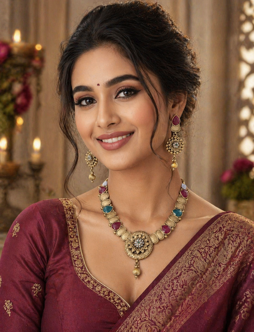 Gold plated anti tarnished imitation necklace with embossed meenakaari earrings sets by Imperial ( A quality product by Kanhaiya Cutpiece ) to make your Wedding look most appealing