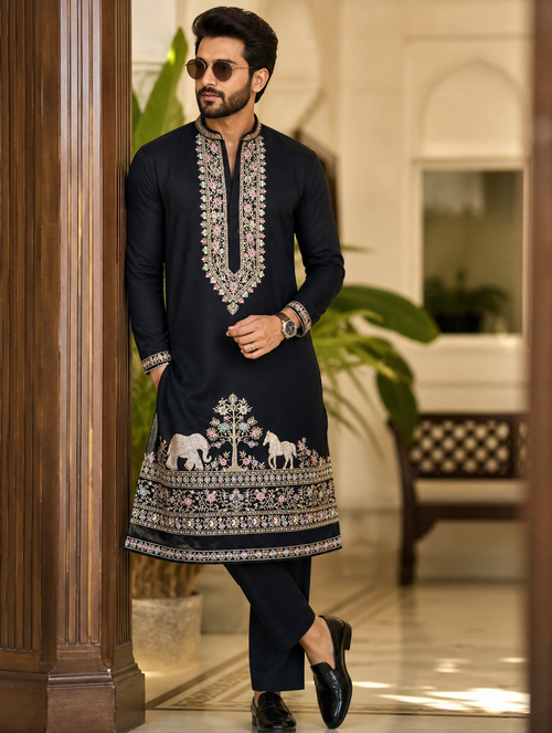 Black Kurta Armani fabric for men fully Hand Embroidered with Elephant designed in the lower Centre - Wrinkle free fabric makes wedding outfit look trendy in the most appealing way with yogue Cut thick embroidery on the Collar , placket & Sleeves too 👌🏼