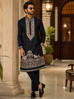 Black Kurta Armani fabric for men fully Hand Embroidered with Elephant designed in the lower Centre - Wrinkle free fabric makes wedding outfit look trendy in the most appealing way with yogue Cut thick embroidery on the Collar , placket & Sleeves too 👌🏼