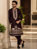 Black Kurta Armani fabric for men fully Hand Embroidered with Elephant designed in the lower Centre - Wrinkle free fabric makes wedding outfit look trendy in the most appealing way with yogue Cut thick embroidery on the Collar , placket & Sleeves too 👌🏼