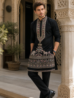 Black Kurta Armani fabric for men fully Hand Embroidered with Elephant designed in the lower Centre - Wrinkle free fabric makes wedding outfit look trendy in the most appealing way with yogue Cut thick embroidery on the Collar , placket & Sleeves too 👌🏼