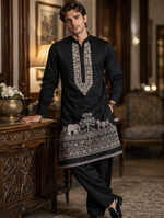 Black Kurta Armani fabric for men fully Hand Embroidered with Elephant designed in the lower Centre - Wrinkle free fabric makes wedding outfit look trendy in the most appealing way with yogue Cut thick embroidery on the Collar , placket & Sleeves too 👌🏼