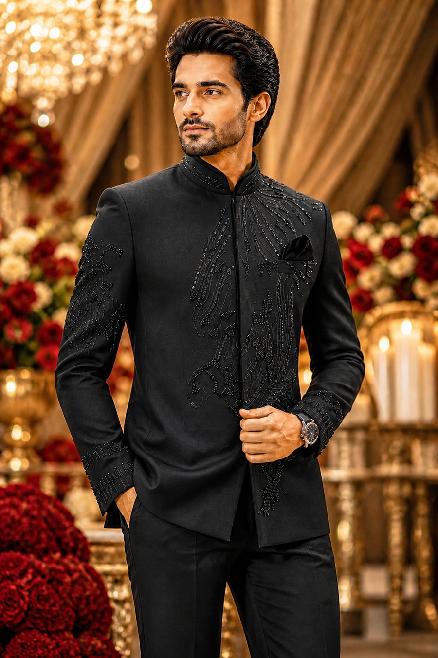 Men Jodhpuri Black Suit with Hand embroidered eagle 🦅 on all over front of the Black Blazer with decent curvilinear fitting to make every man look most appealing on the wedding day