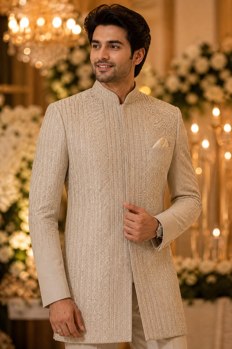 Creem Color men Indo Jodhpuri Suit with same color Trouser