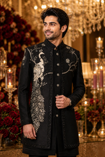 Men’s Navy Blue Embroidered Sherwani with Peacock & Deer Motif – Luxury Designer Wedding Wear By Kanhaiya Cutpiece