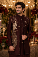 Men’s Navy Blue Embroidered Sherwani with Peacock & Deer Motif – Luxury Designer Wedding Wear By Kanhaiya Cutpiece